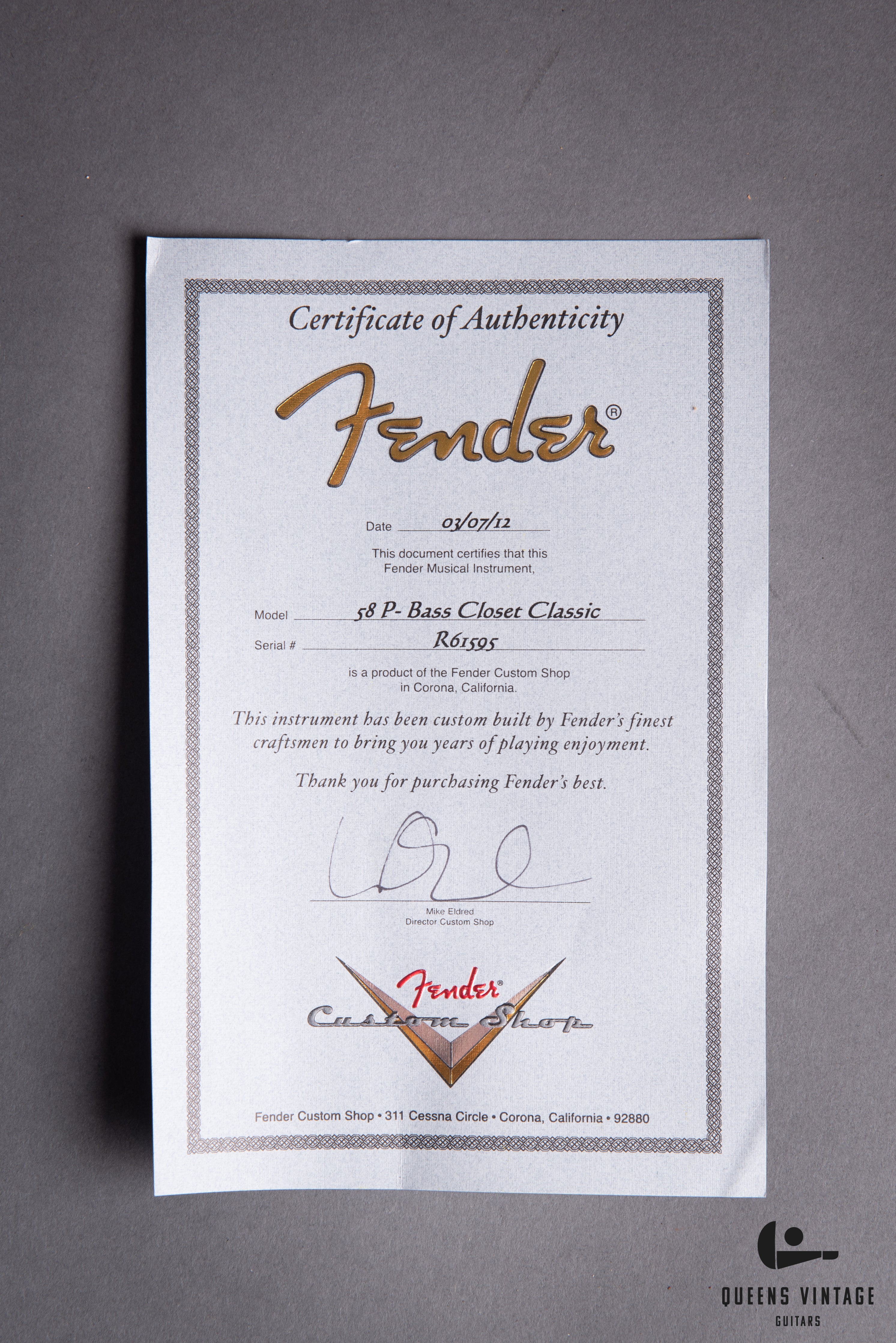 2012 Fender Custom Shop '58 Precision Bass Closet Classic